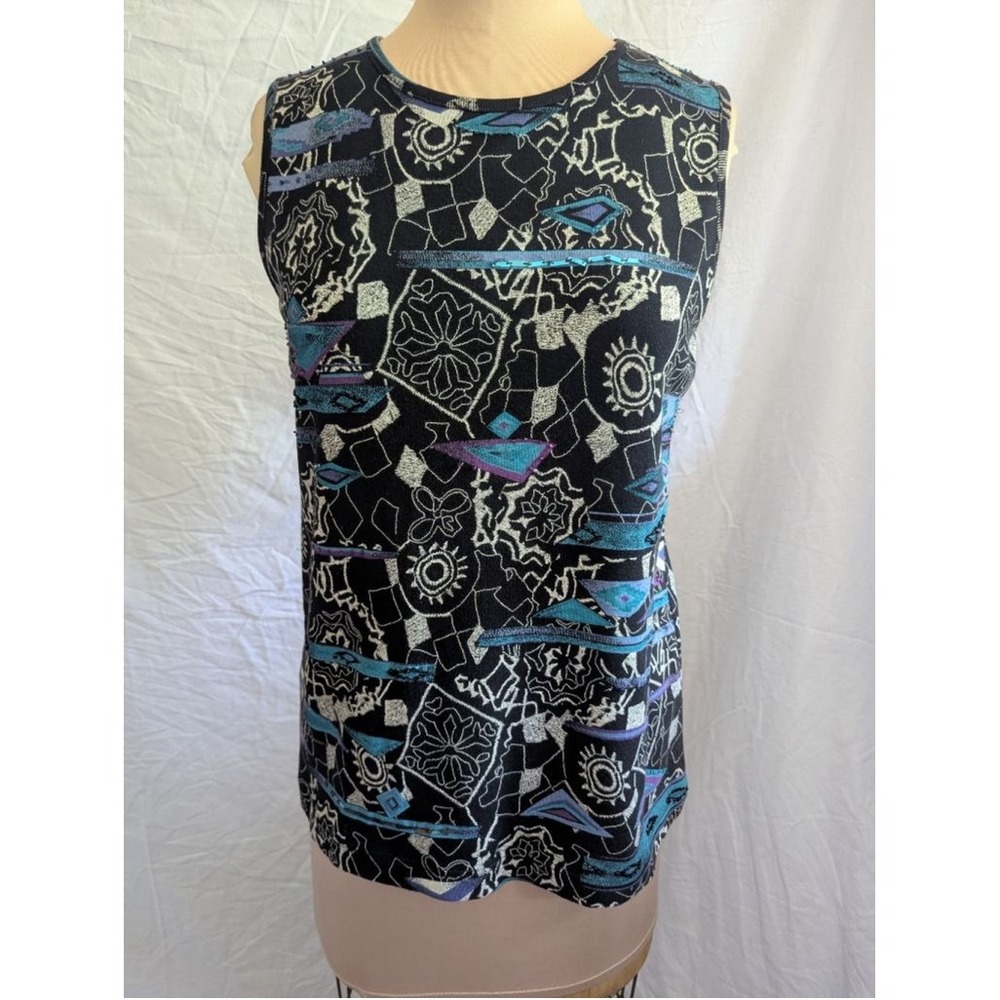 Chico's Sleeveless Top Black Teal Geometric Sequin Sz M Art to Wear Boho
